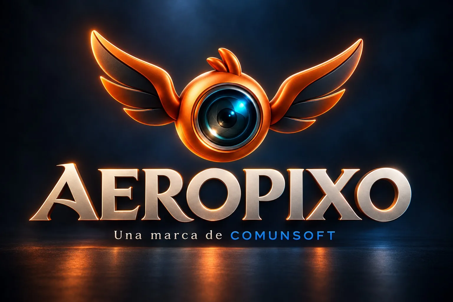 Logotipo de AEROPIXO, una marca de COMUNSOFT: lente de cámara con alas