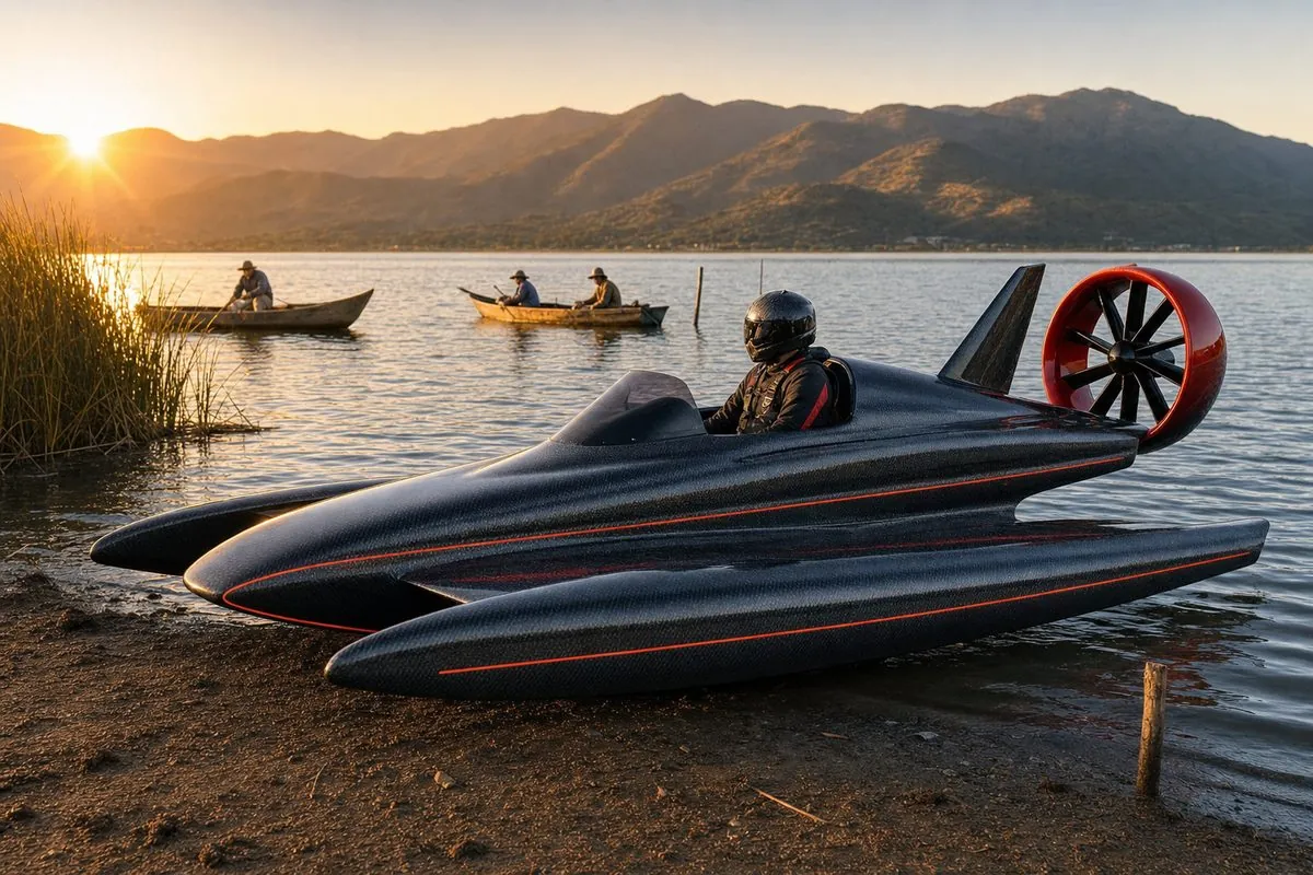 Ekranoplano, vehículo ultraligero de efecto suelo, a la orilla de un lago en Jalisco