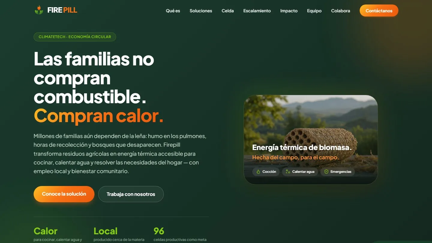 Sitio web de Firepill: energía térmica de biomasa para hogares y comunidades