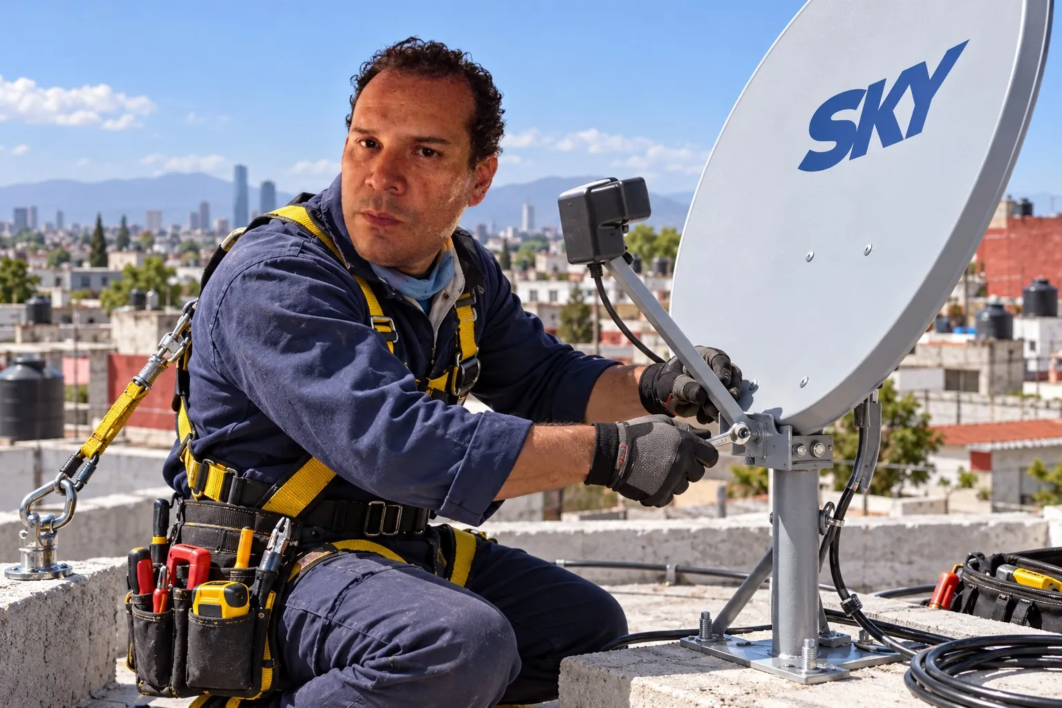 Ilustración: Sergio instalando una antena satelital en un techo