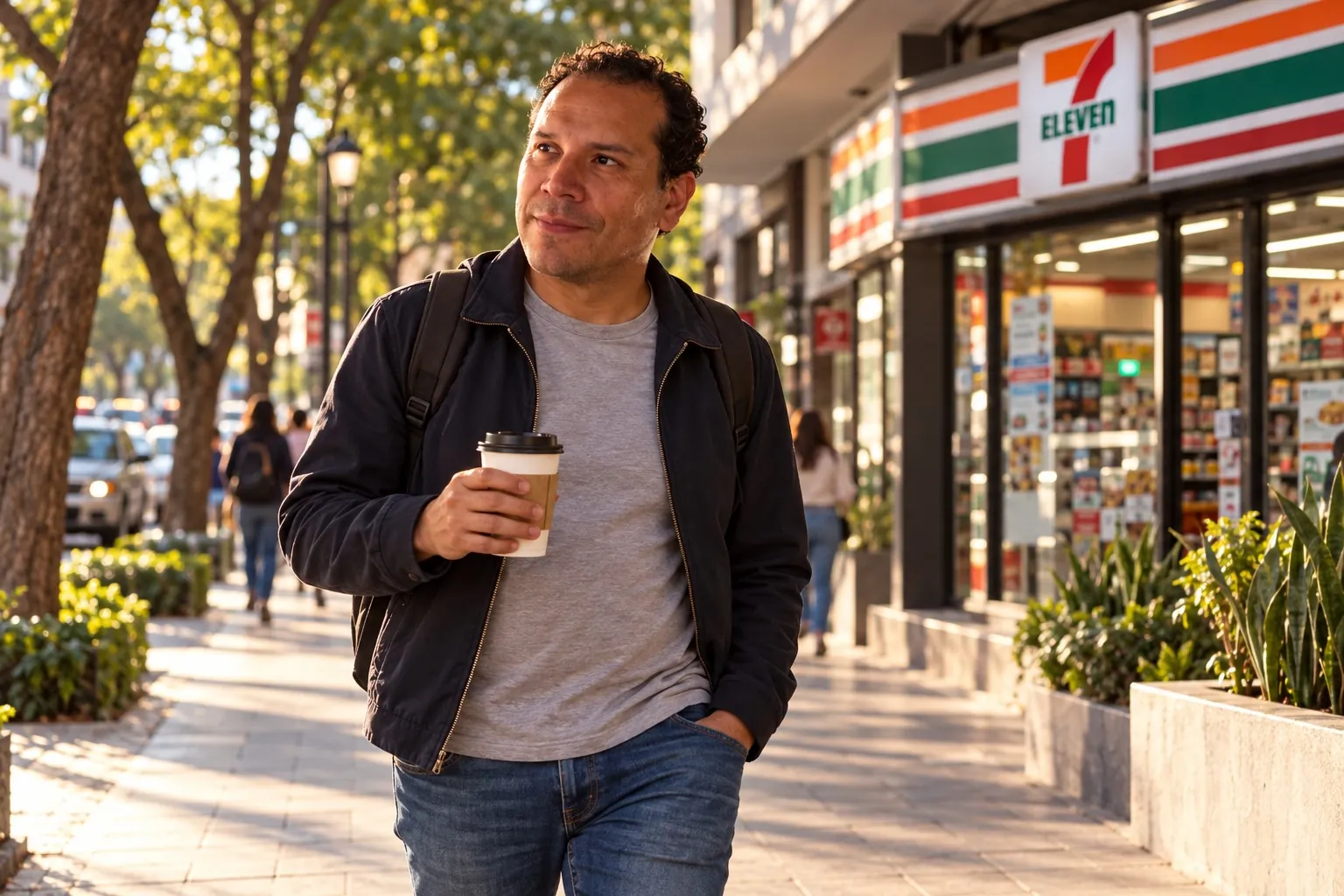 Ilustración: Sergio con un café afuera de un Seven Eleven