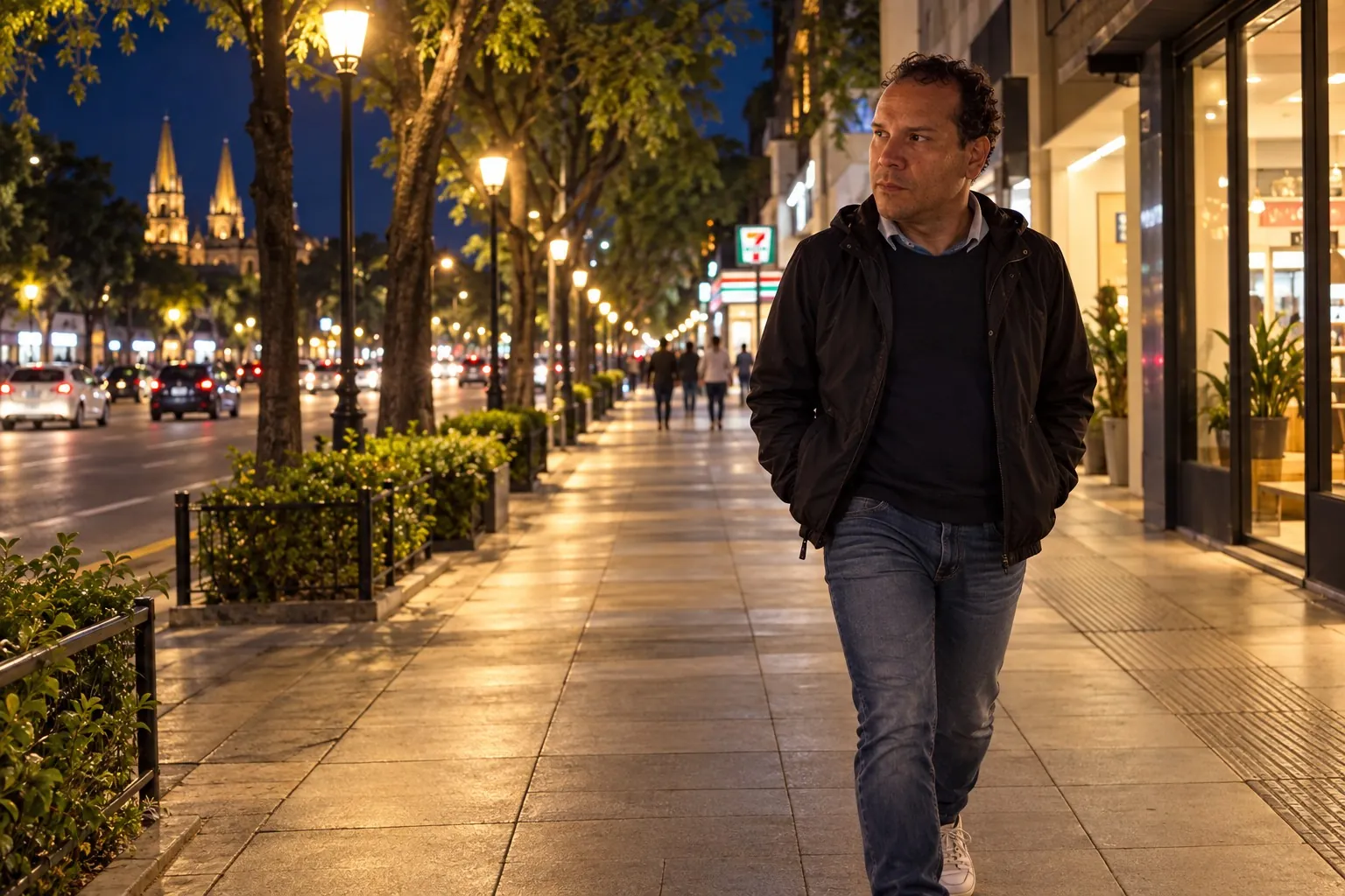 Ilustración: Sergio caminando por la ciudad de noche
