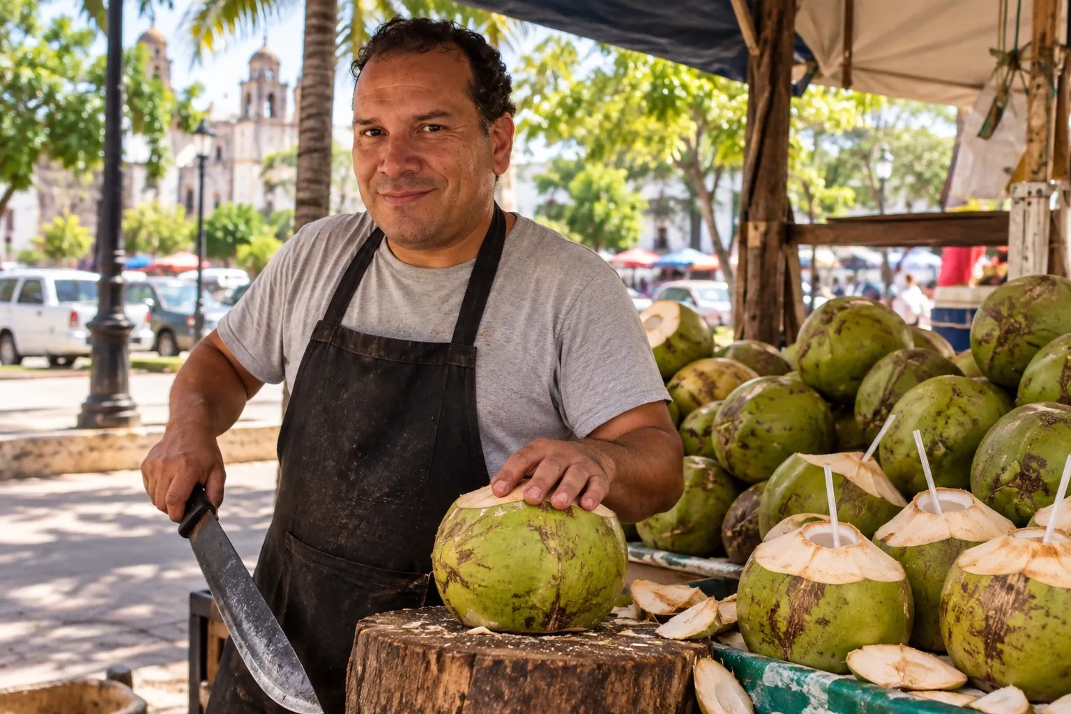 Ilustración: puesto de cocos y agua de coco