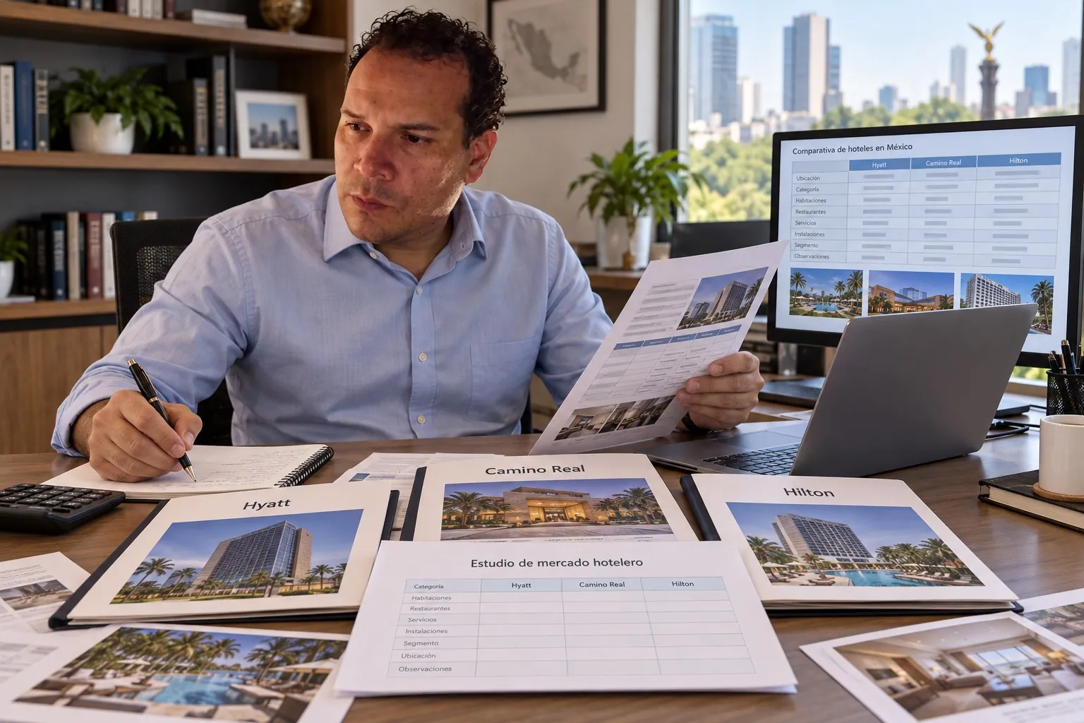 Ilustración: escritorio con un estudio de mercado del sector hotelero