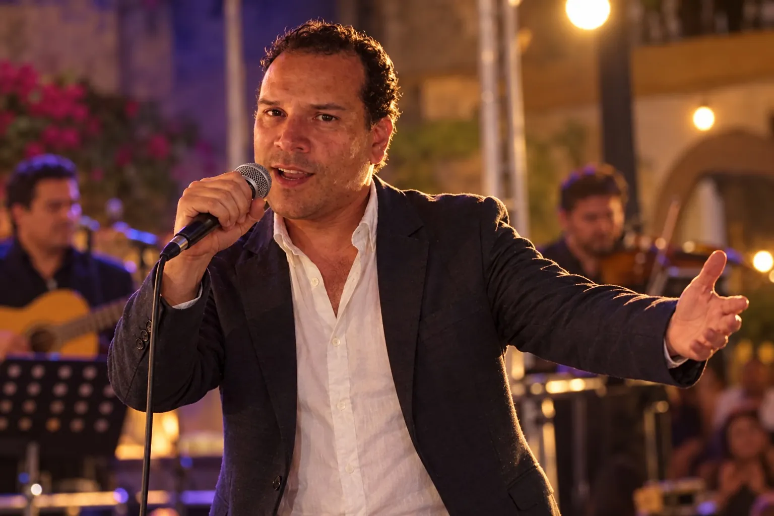 Ilustración: Sergio cantando en el escenario de un festival