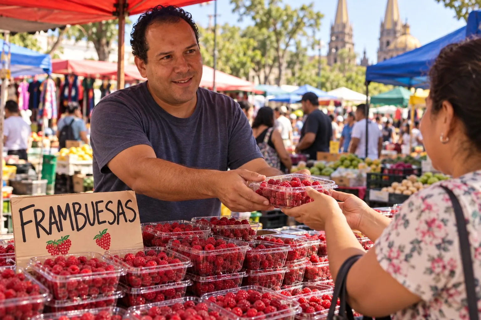 Ilustración: puesto de frambuesas en un tianguis