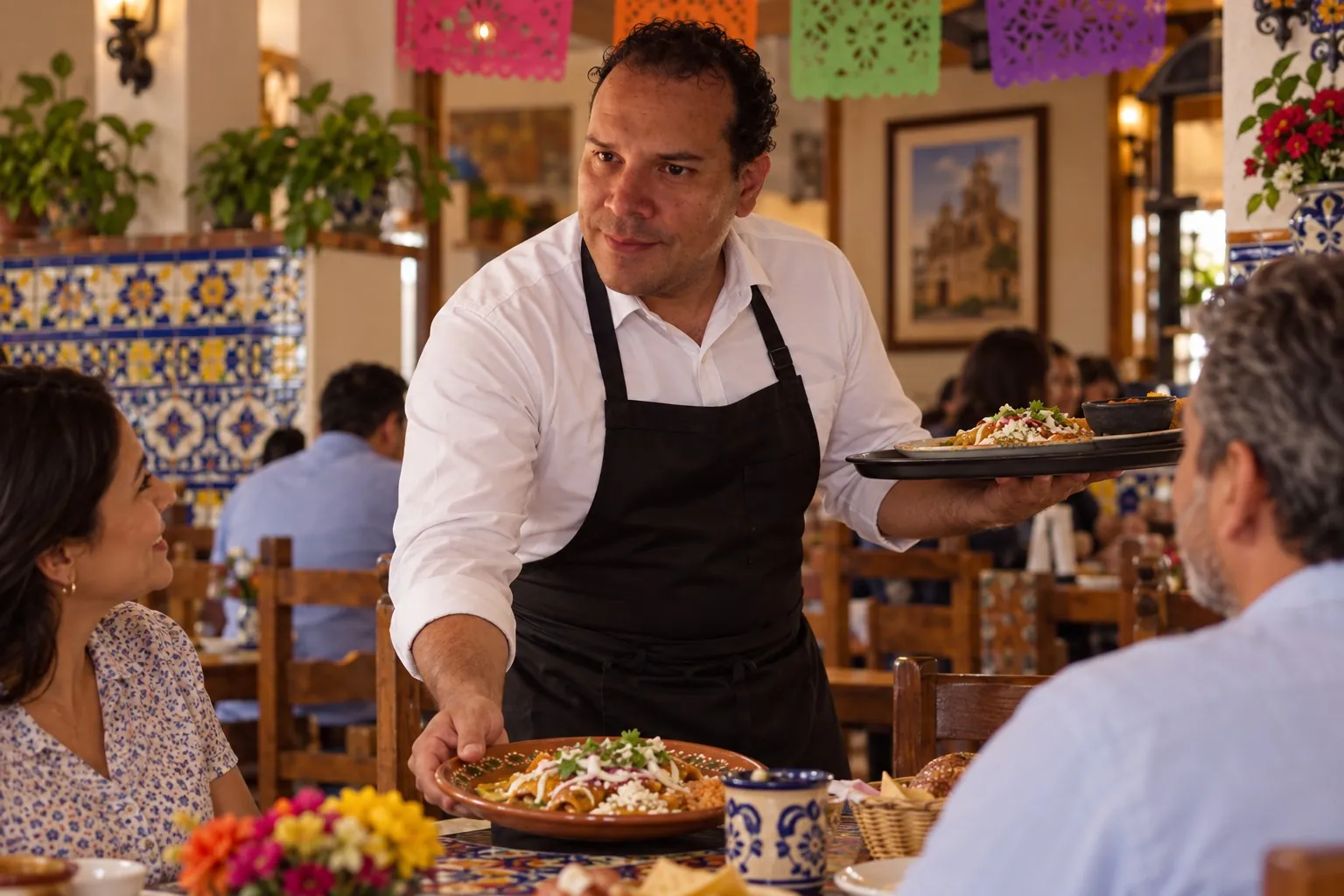 Ilustración: Sergio atendiendo mesas en un restaurante mexicano