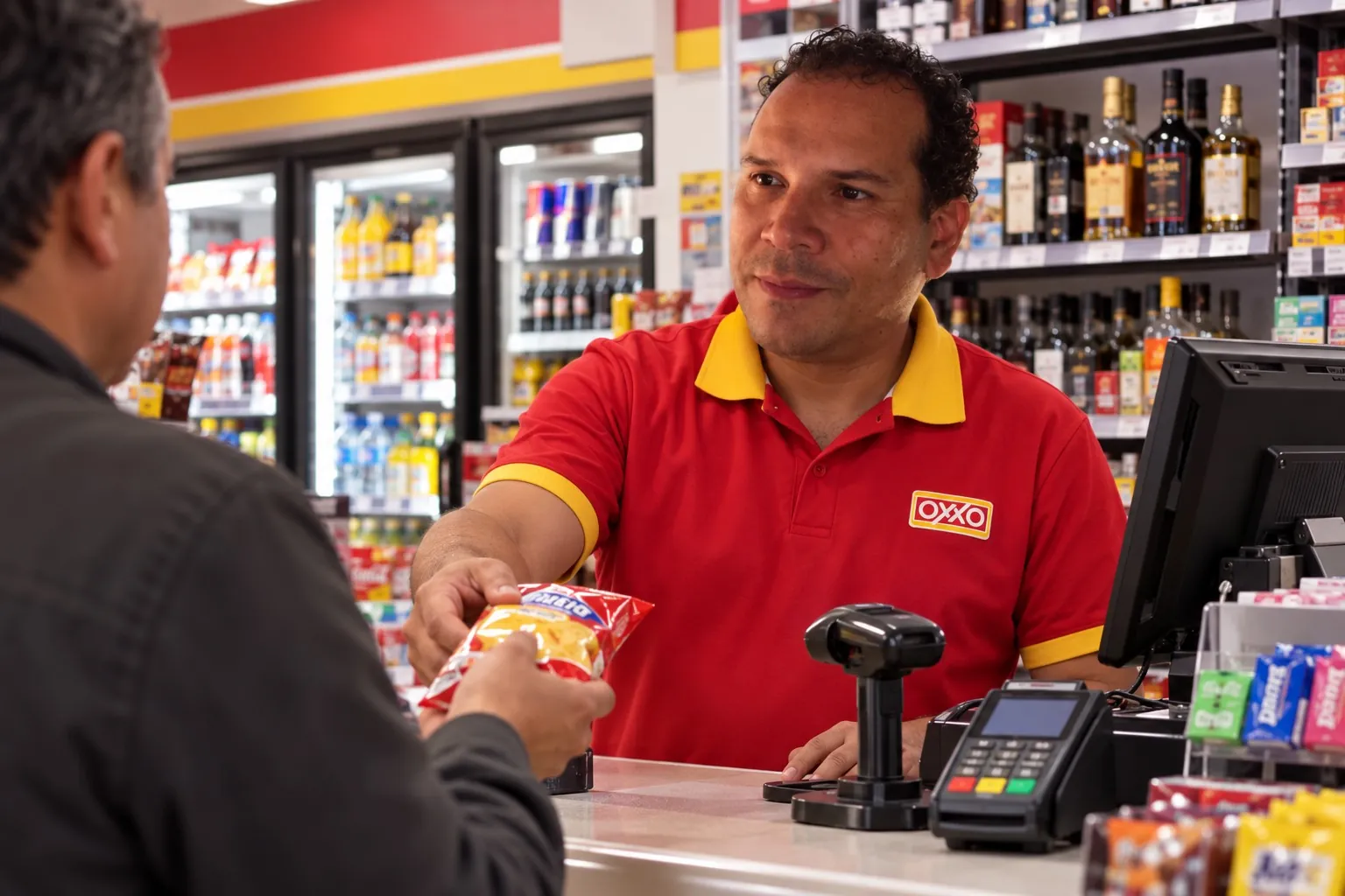 Ilustración: Sergio trabajando en una tienda OXXO