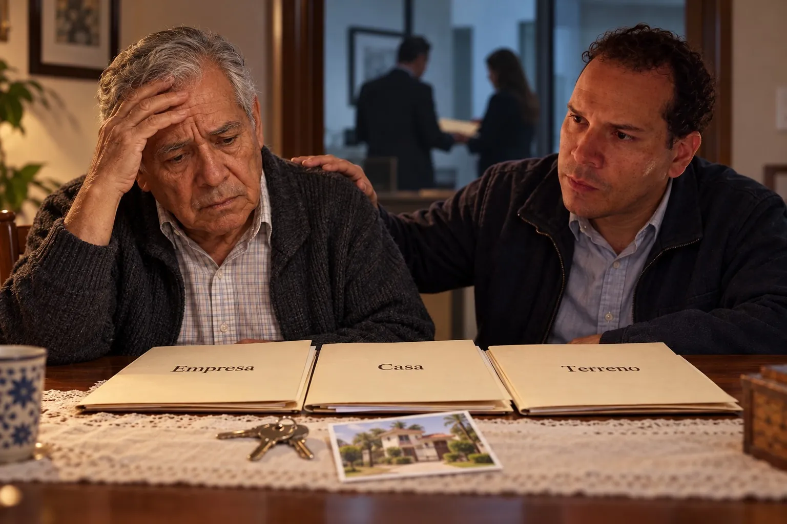 Ilustración simbólica: un padre preocupado frente a documentos de empresa, casa y terreno