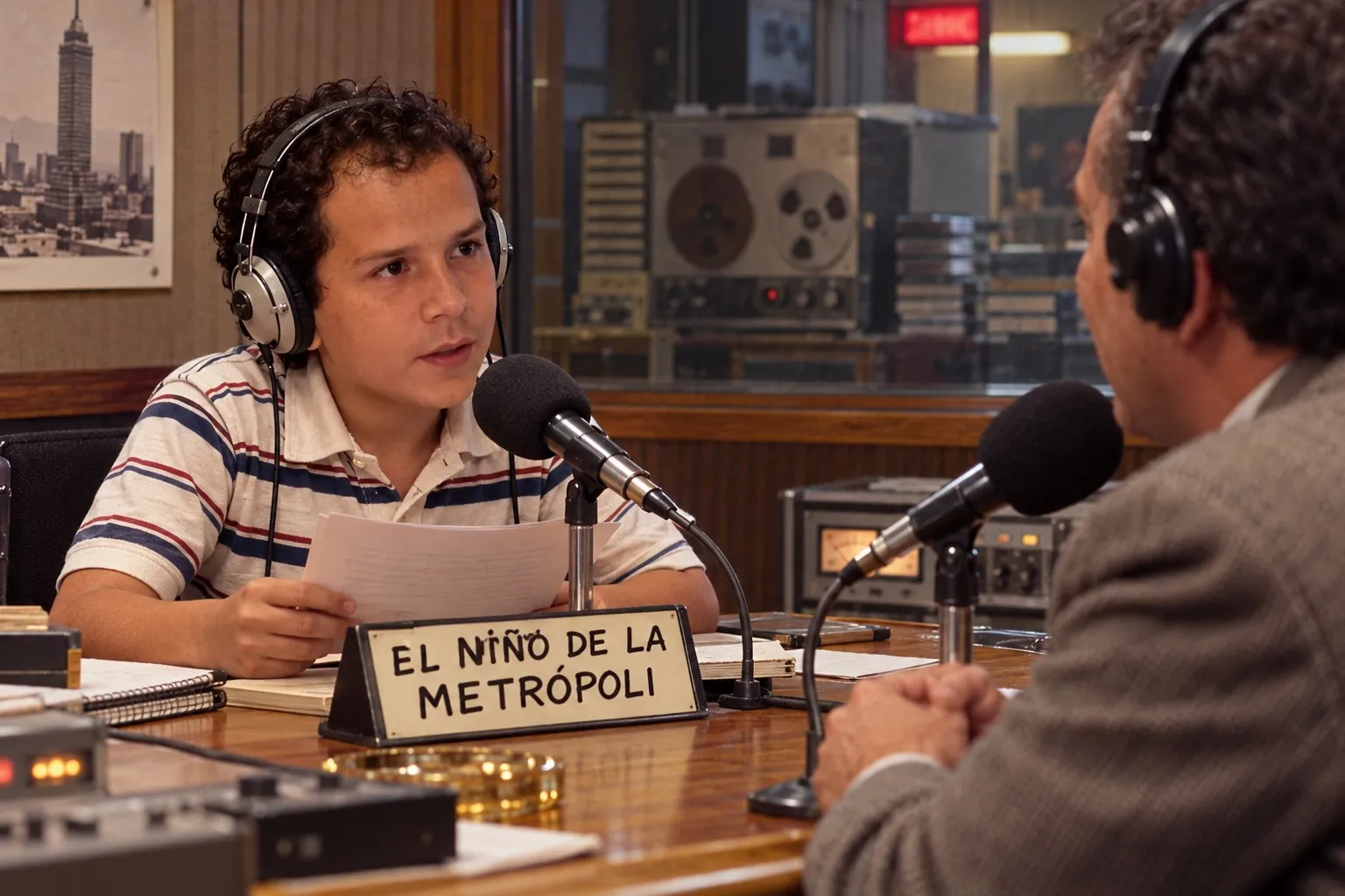 Ilustración: Sergio de niño haciendo una entrevista en una cabina de radio