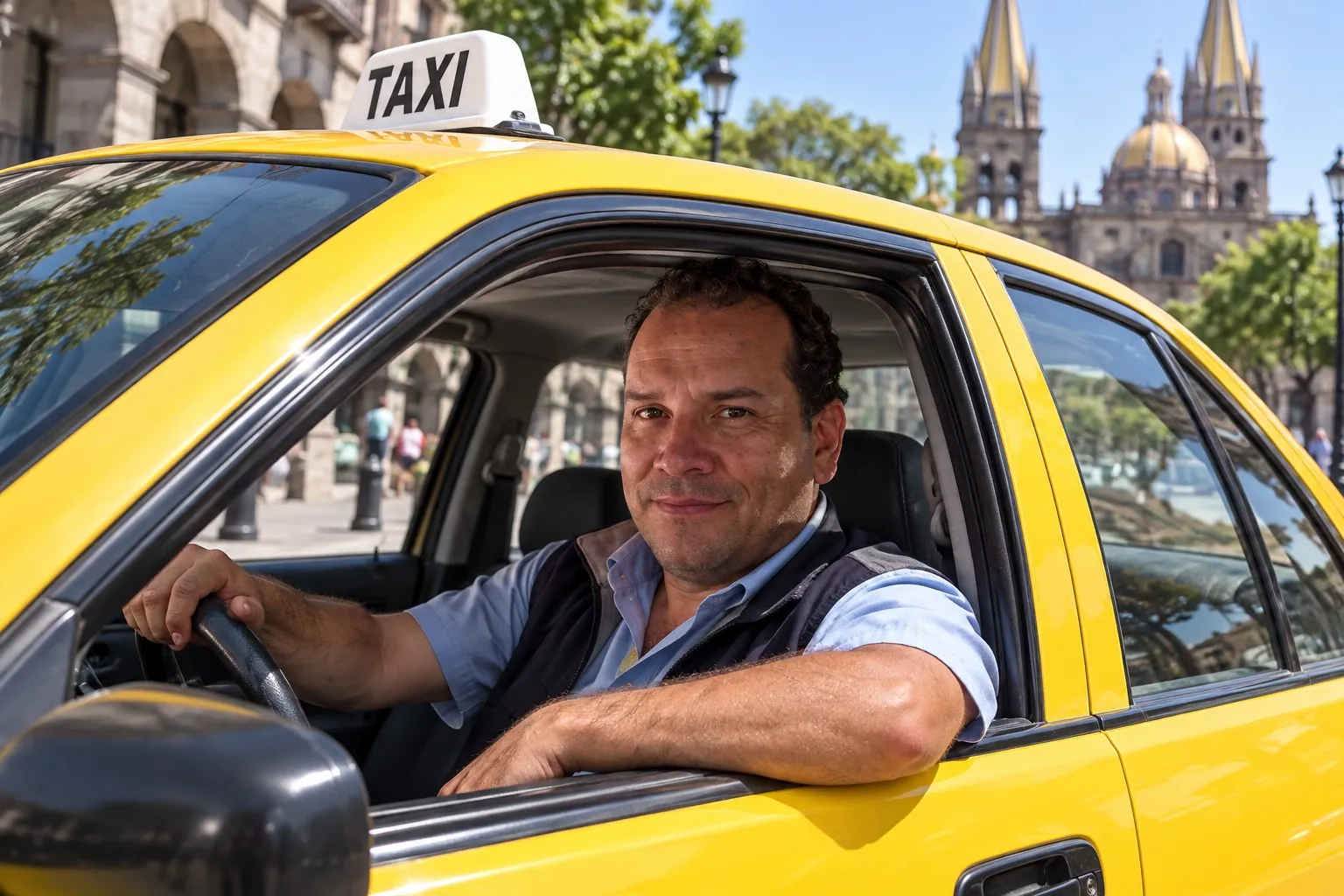 Ilustración: Sergio conduciendo un taxi amarillo
