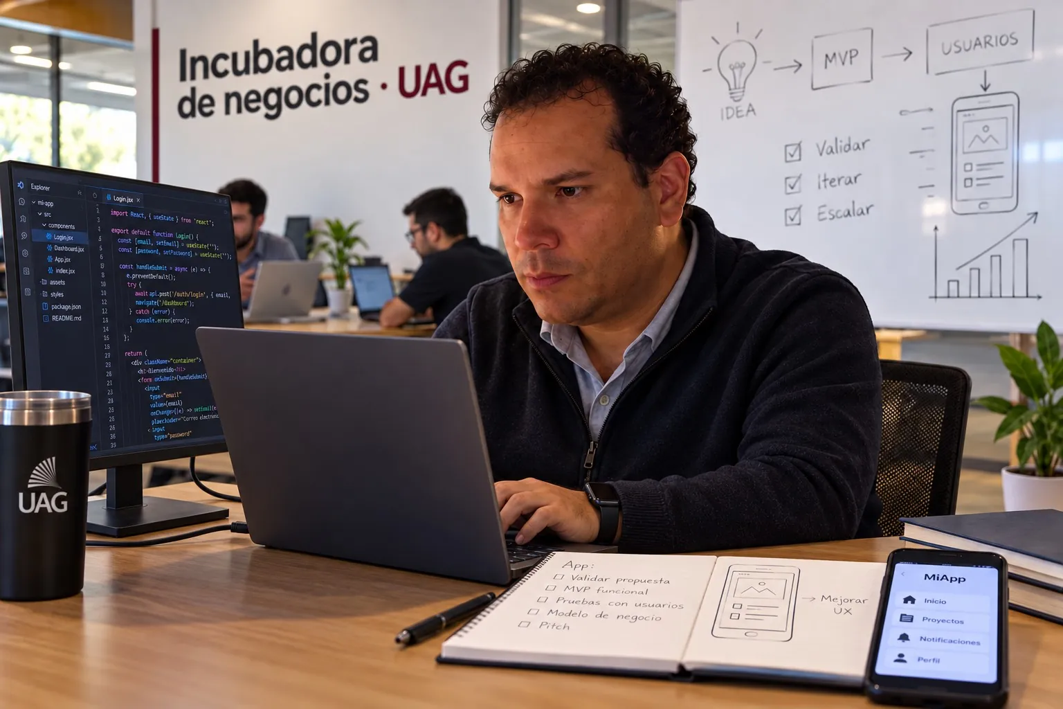 Ilustración: Sergio desarrollando la app TaxiCare en la incubadora