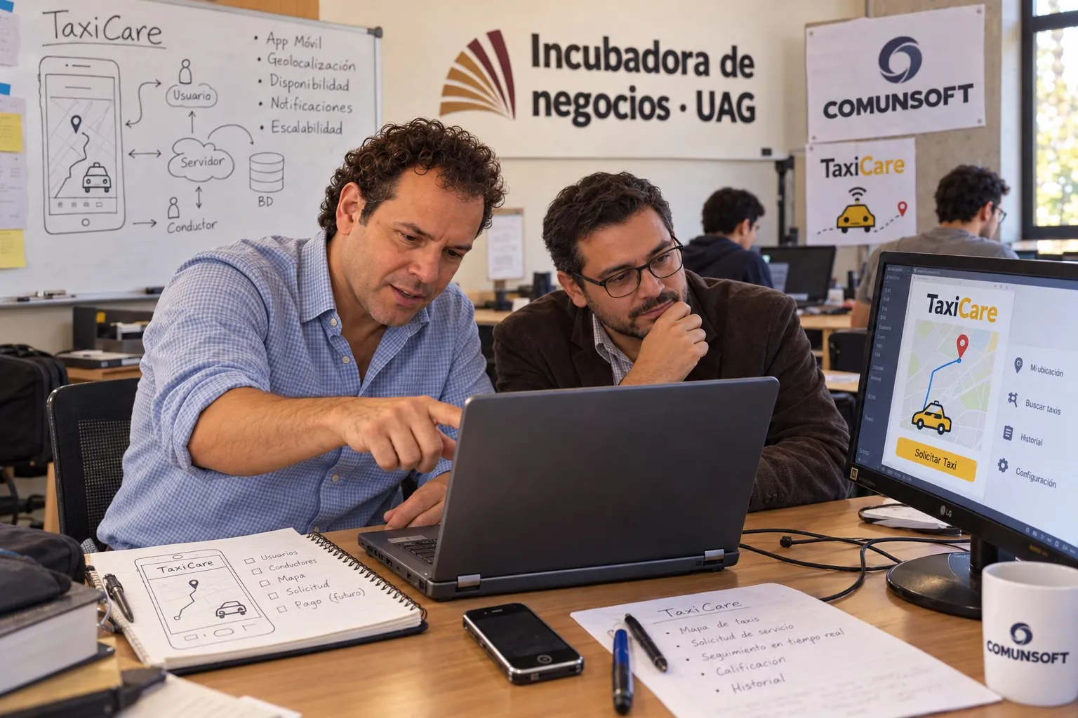 Ilustración: Sergio revisando el desarrollo de TaxiCare con un colaborador
