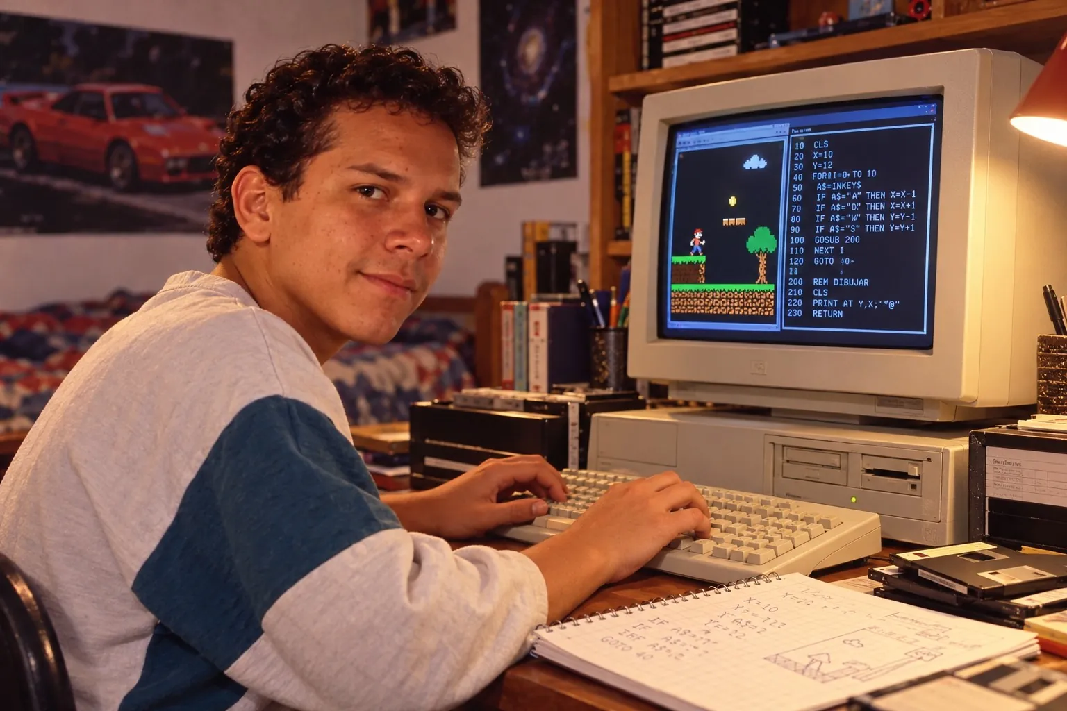 Ilustración: adolescente programando frente a una computadora de época