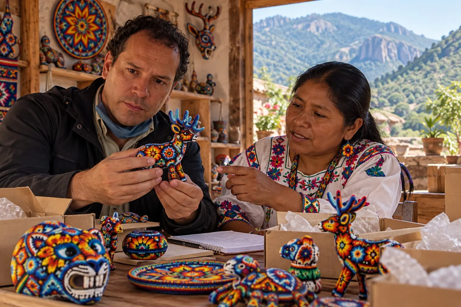 Ilustración: Sergio conversando con una artesana wixárika sobre sus piezas
