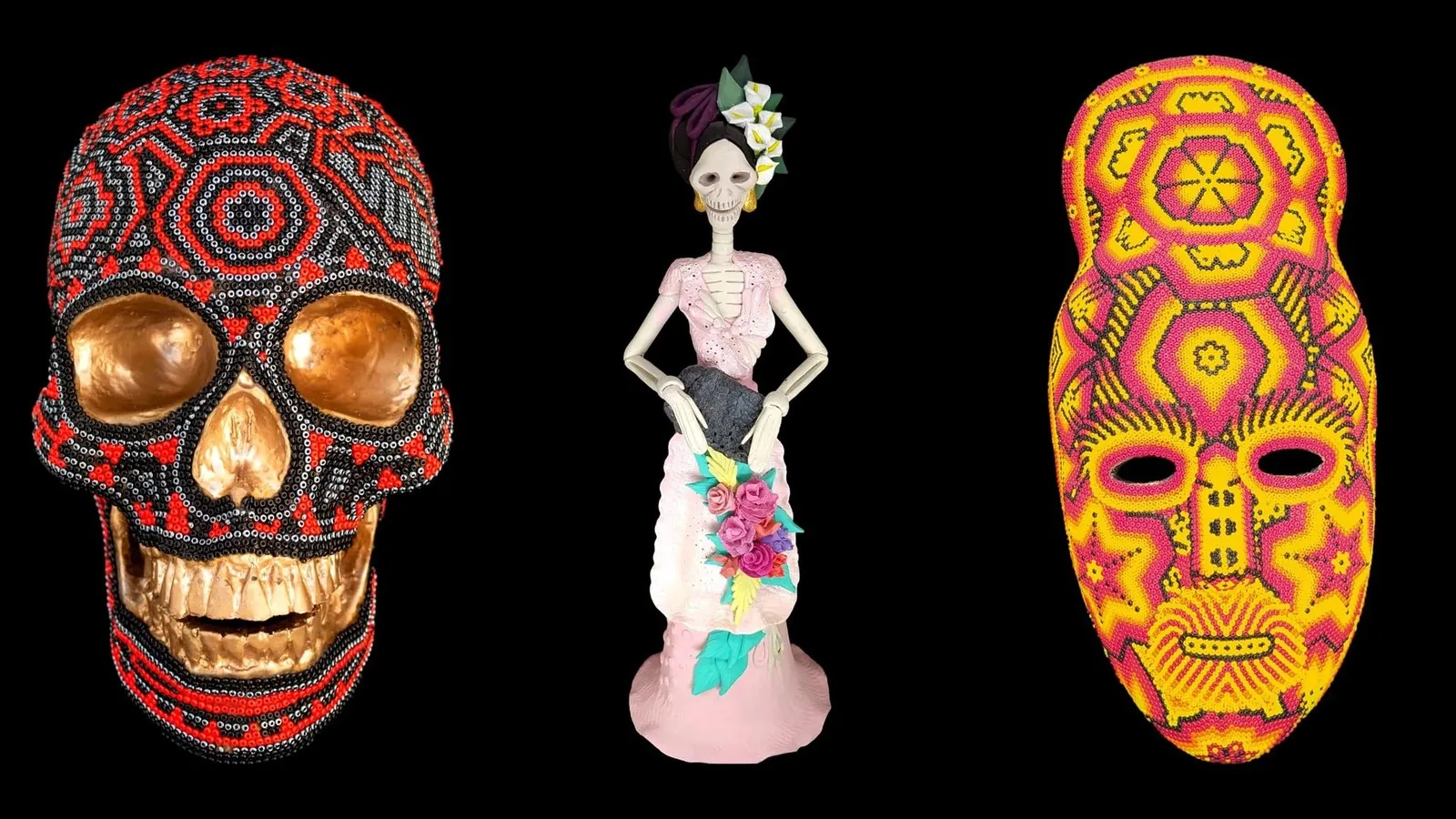 Artesanía mexicana de Mexican Art Hunter: cráneo y máscara huichol de chaquira y una catrina
