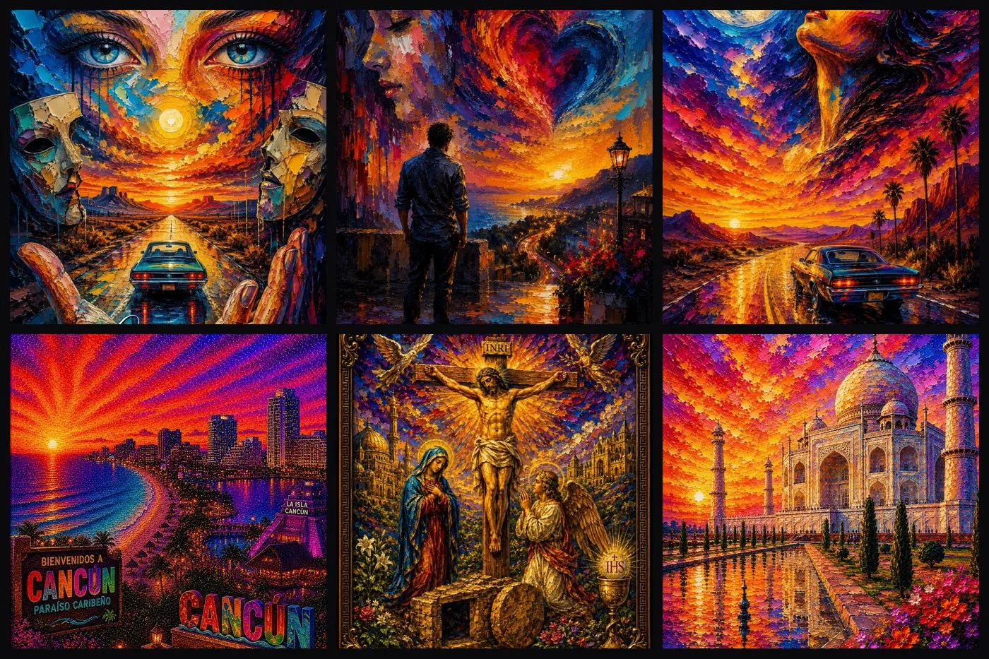 Pósters de J.Damian Studio en técnica impasto-mosaico: Cancún, el Taj Mahal, escenas nocturnas y arte sacro