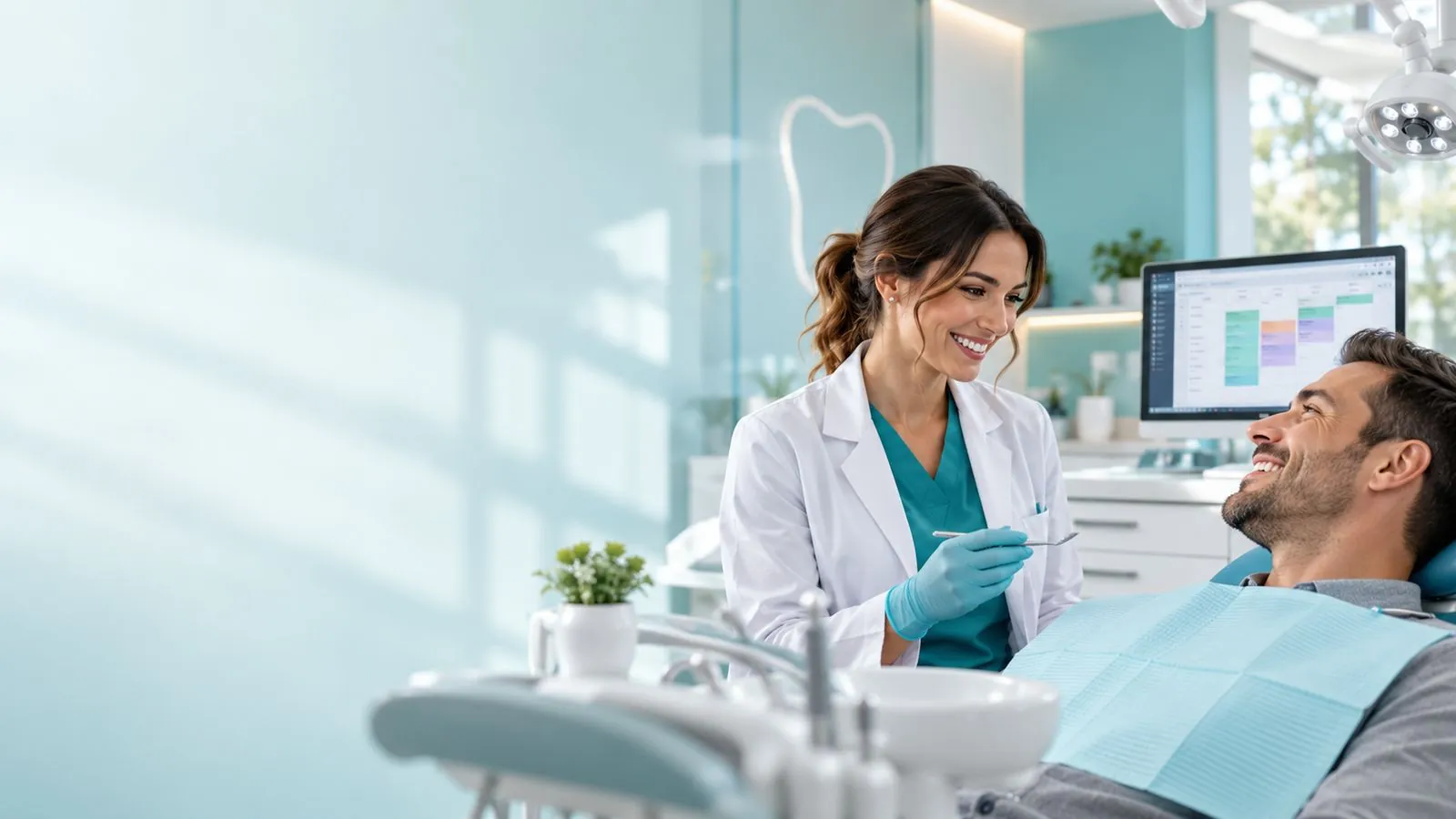Dentista atendiendo a su paciente mientras Muelitas agenda citas por WhatsApp